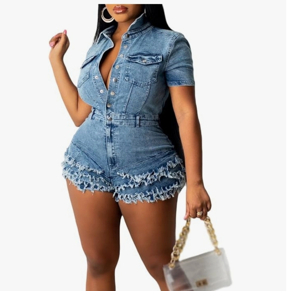 Denim Short Sleeve Button-Up Romper